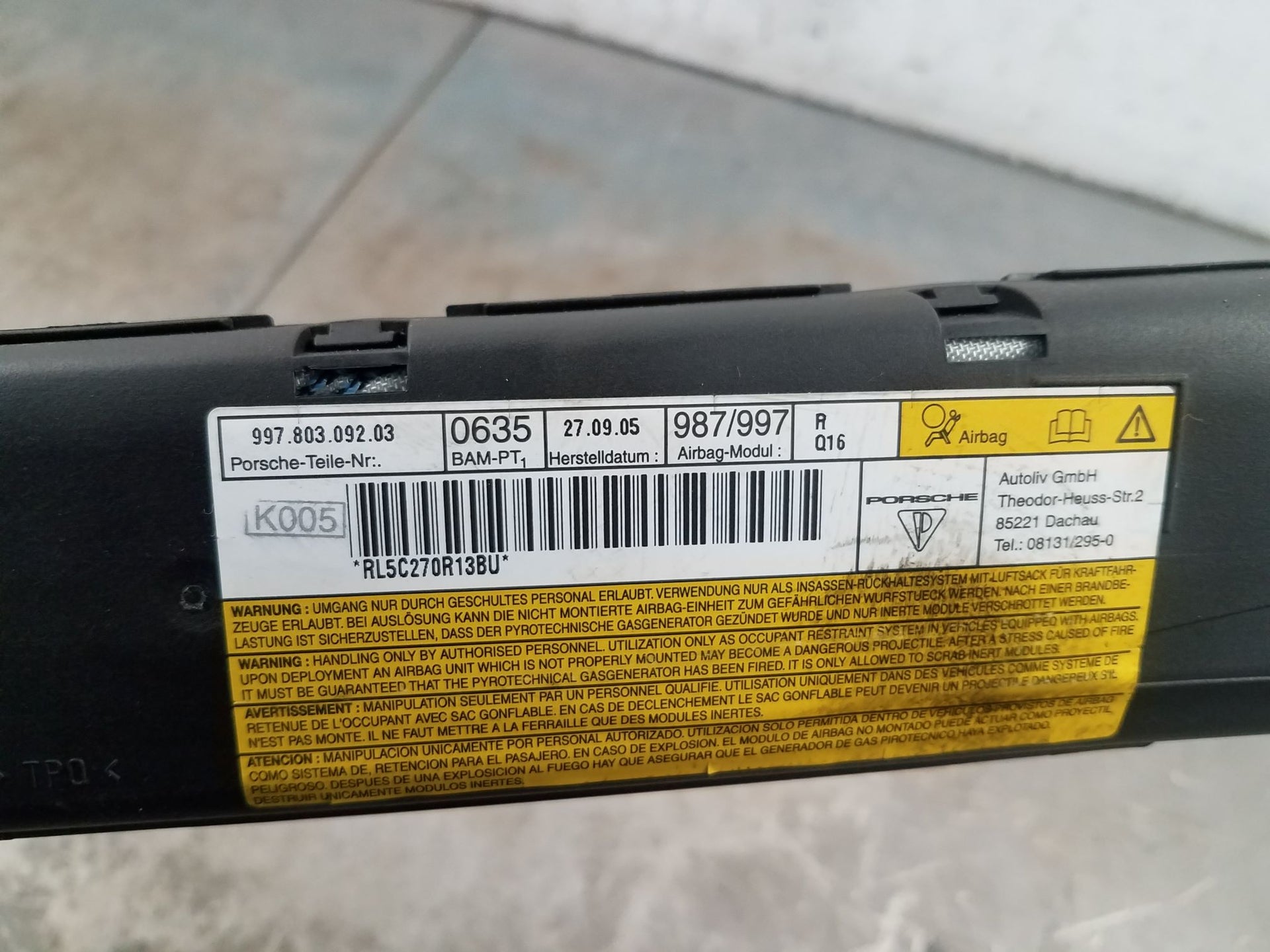 2006 Porsche Cayman S 987 Right Passenger Door Airbag #0558 Q5