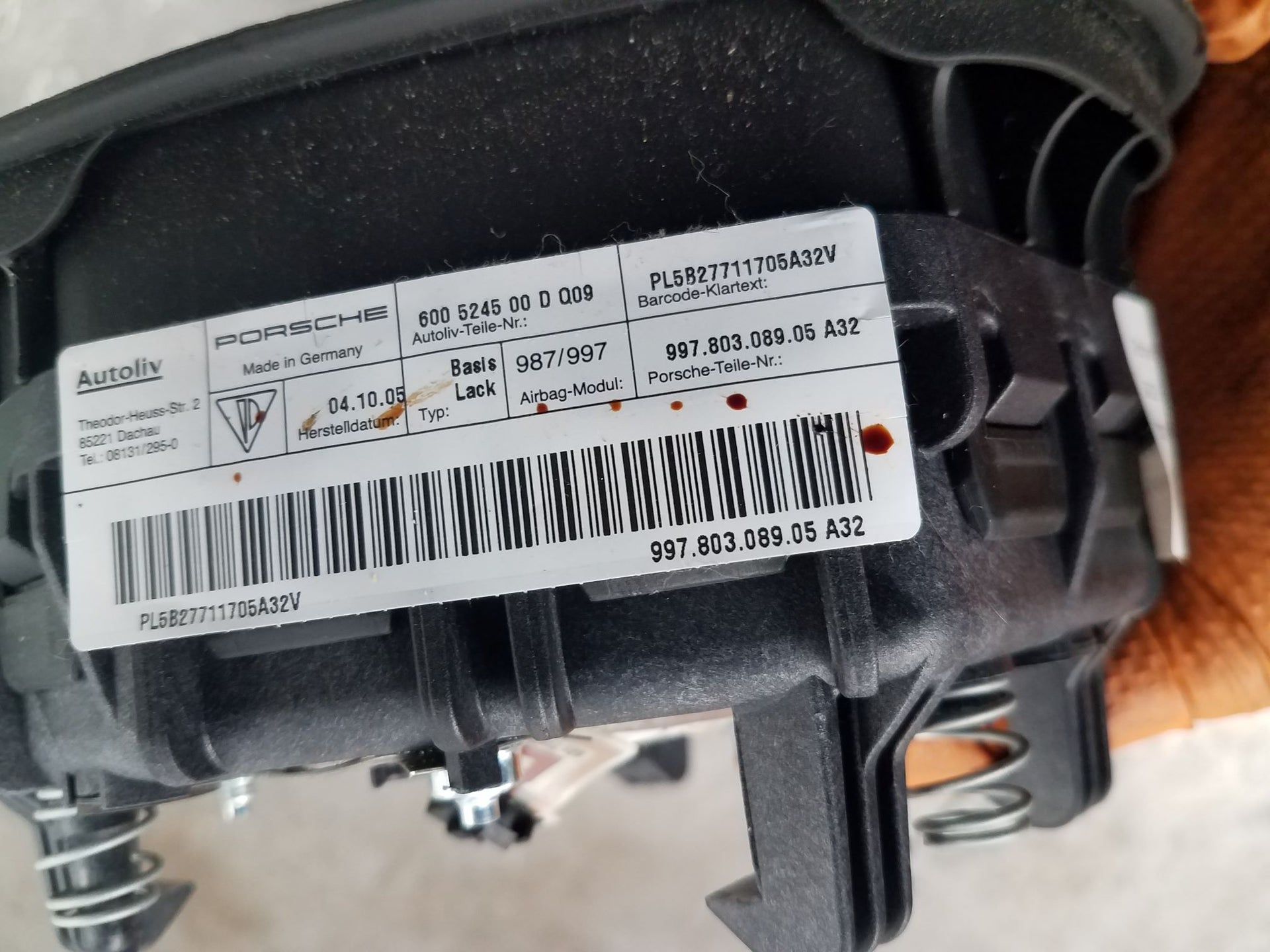 2006 Porsche Cayman S 987 Steering Wheel Airbag #0558 Q5