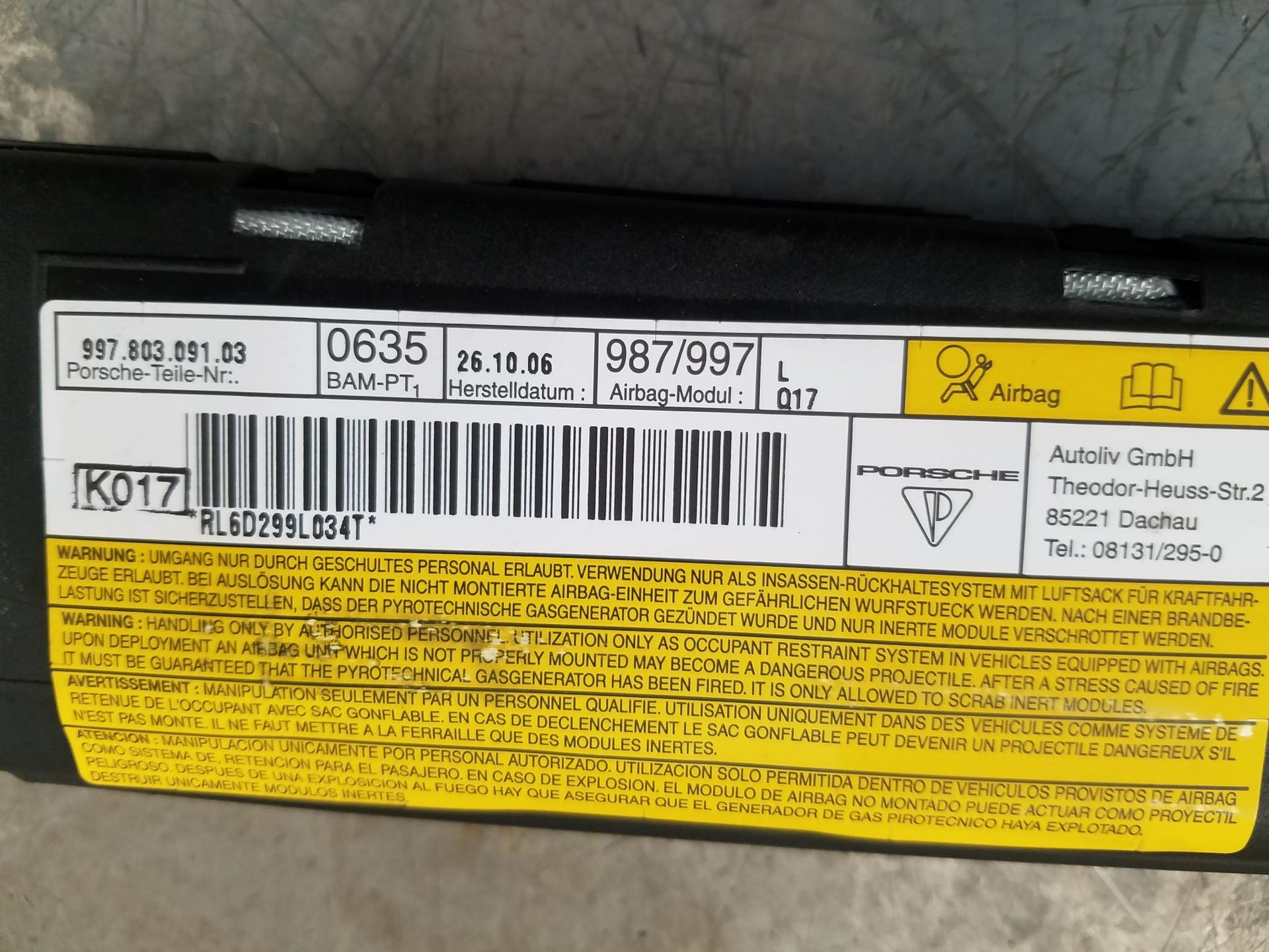 2007 Porsche Cayman S 987 Left Driver Door Airbag #1621 H1