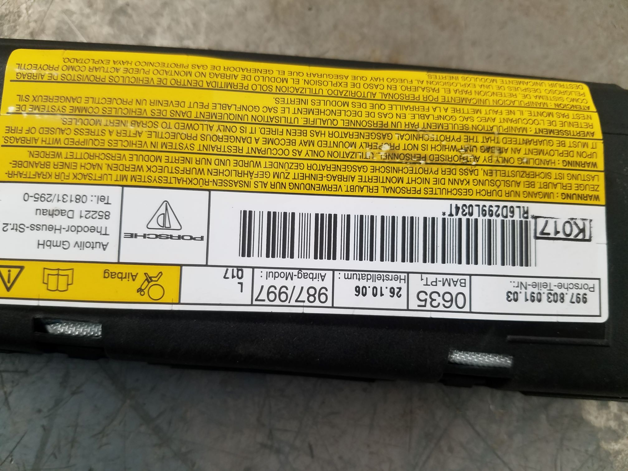 2007 Porsche Cayman S 987 Left Driver Door Airbag #1621 H1